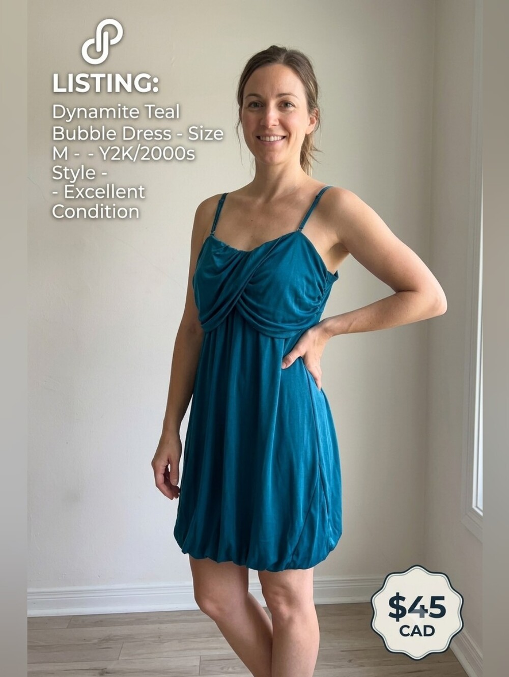 Y2K Dynamite Teal Ruched Bubble Hem Slip Dress - Size Medium